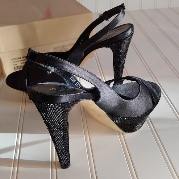 Sergio Rossi NWT Tessuto Raso Black Leather Slingback Platform Heels size 10 - Picture 10 of 15